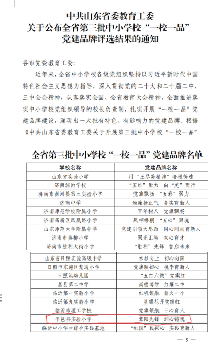 平邑县实验小学荣获省优秀党建品牌(图1) 平邑县实验小学荣获省优秀党建品牌(图1)